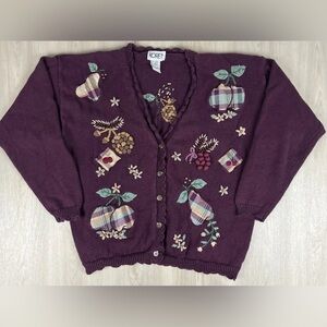 Vintage 90s Koret Womens Knit Fruit Embroidered Beaded Cardigan Sweater Large